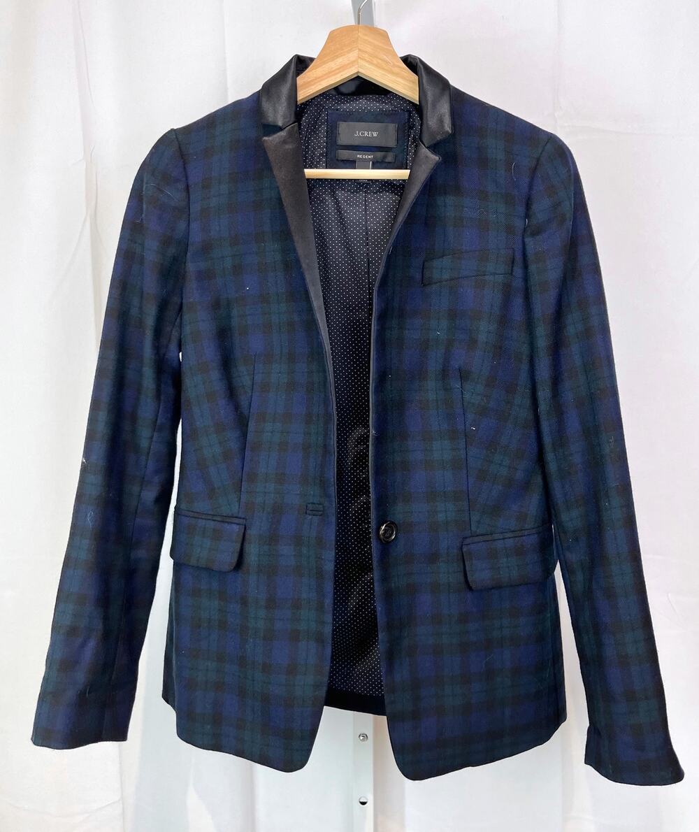 J.CREW Size 00 Regent Blazer Blackwatch Tartan Plaid Wool F8196 Blue Green